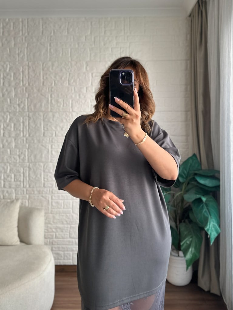 Bisiklet Yaka Oversize Etek Ucu Dantel Detaylı Modal Elbise