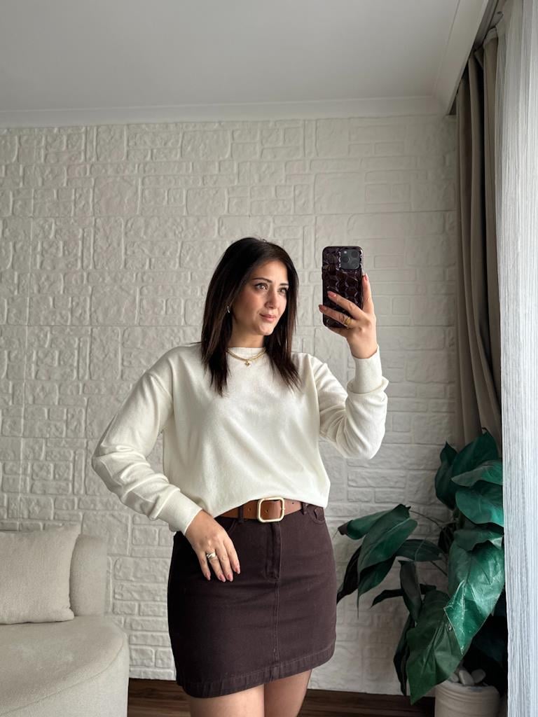 Bisiklet Yaka Yünlü Basic Triko Kazak Ekru