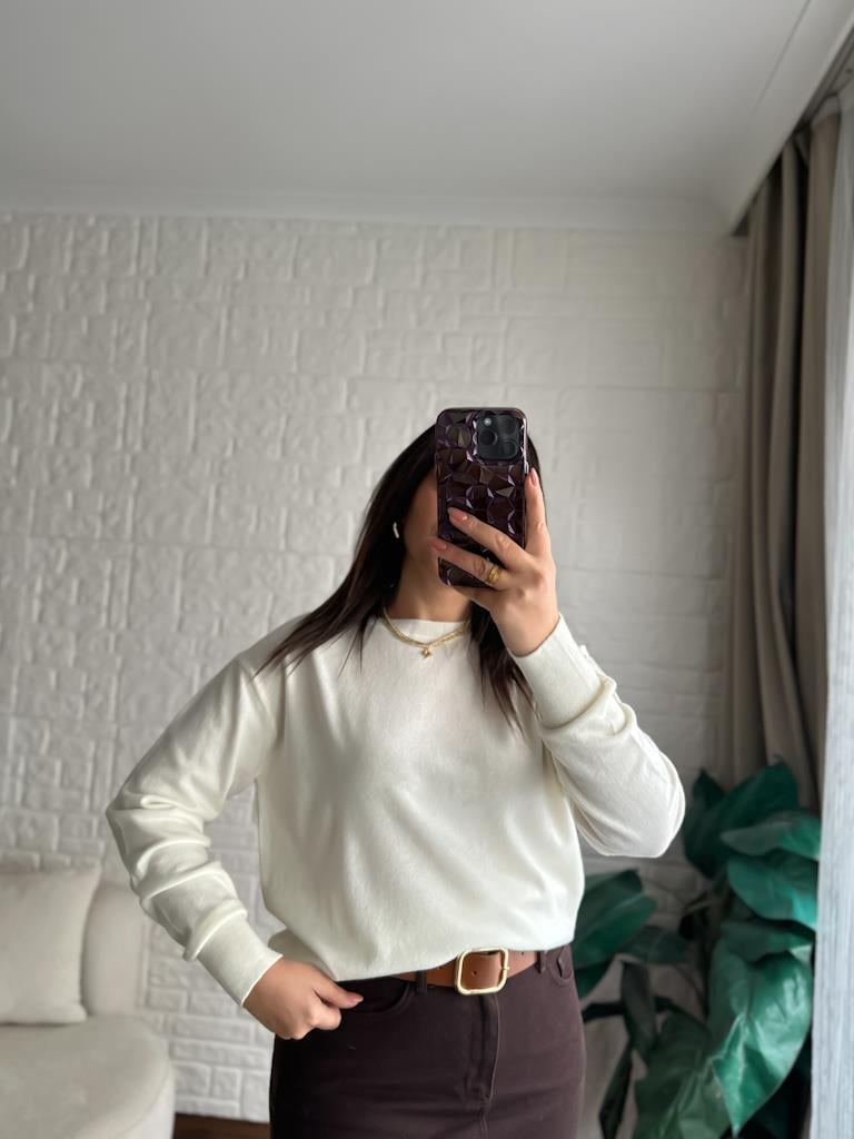 Bisiklet Yaka Yünlü Basic Triko Kazak Ekru