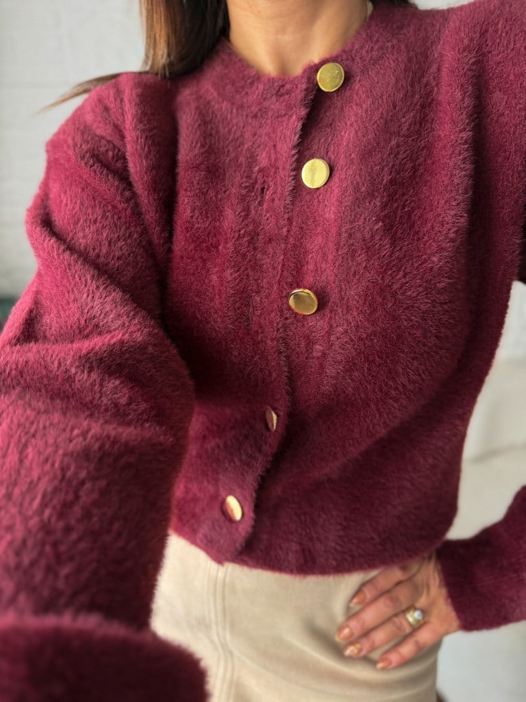 Bordo Gold Düğmeli Yumoş Triko Hırka