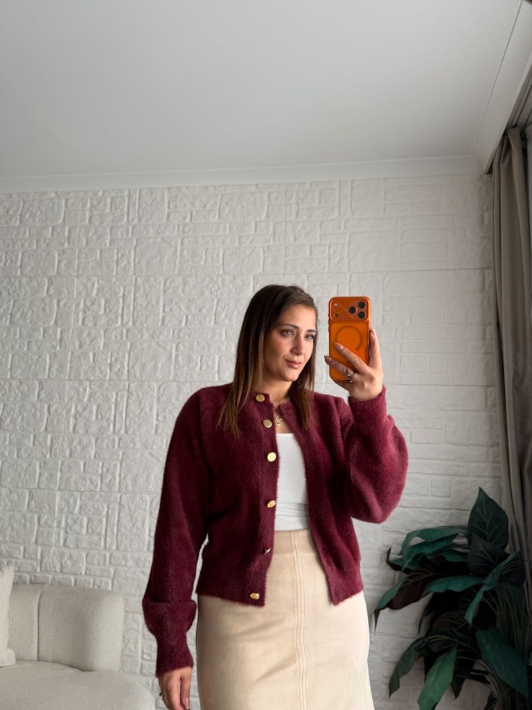 Bordo Gold Düğmeli Yumoş Triko Hırka