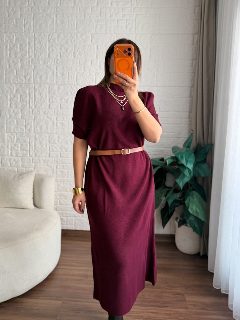 Bordo Kısa Kol Yarım Balıkçı Kemerli Triko Elbise