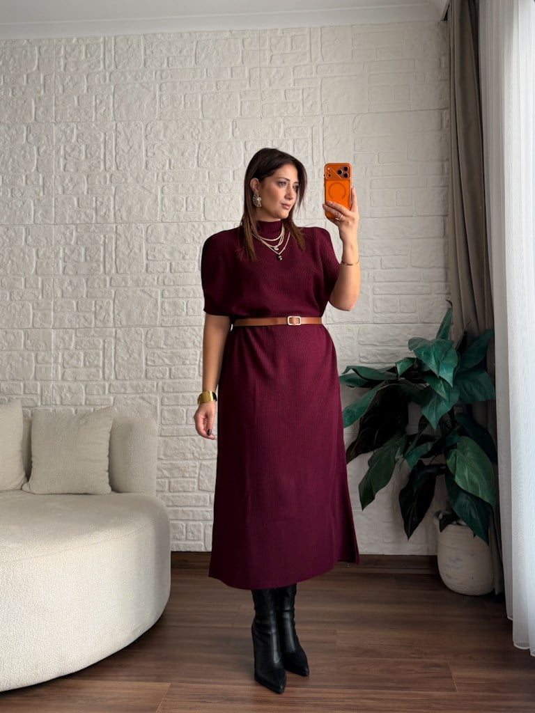 Bordo Kısa Kol Yarım Balıkçı Kemerli Triko Elbise