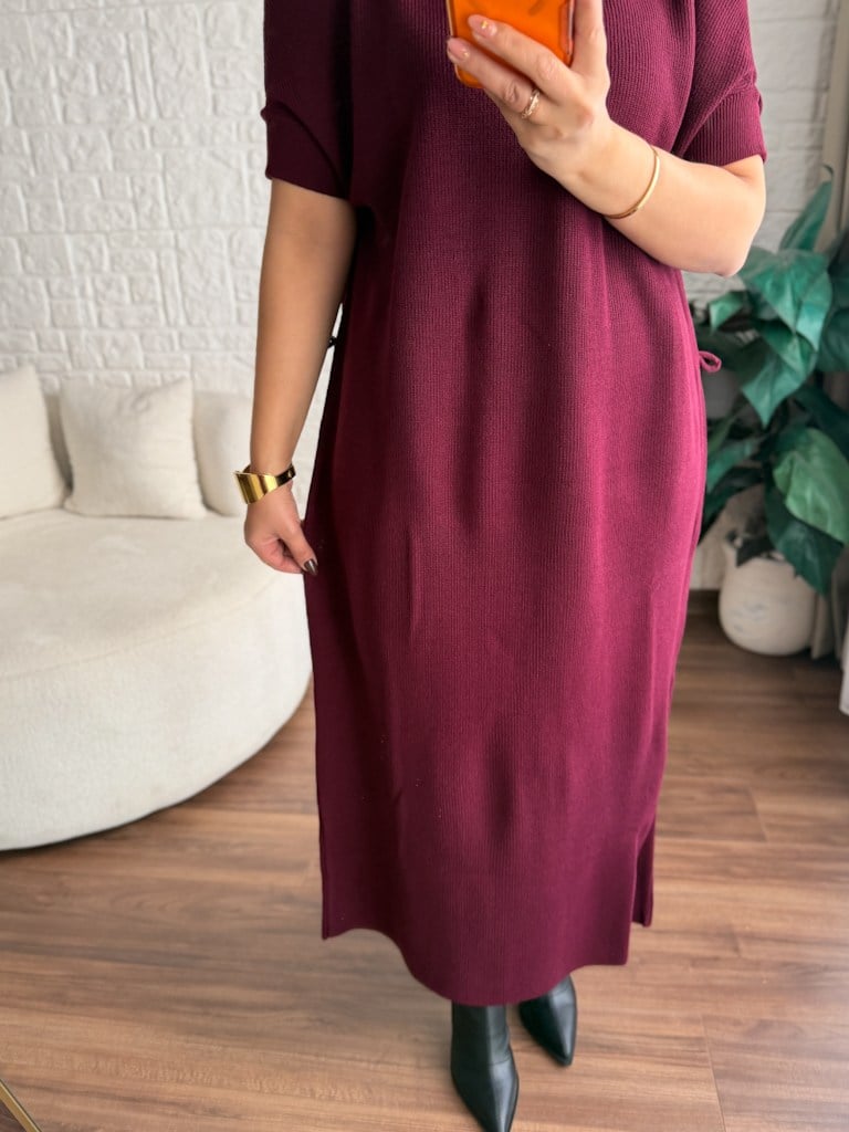 Bordo Kısa Kol Yarım Balıkçı Kemerli Triko Elbise