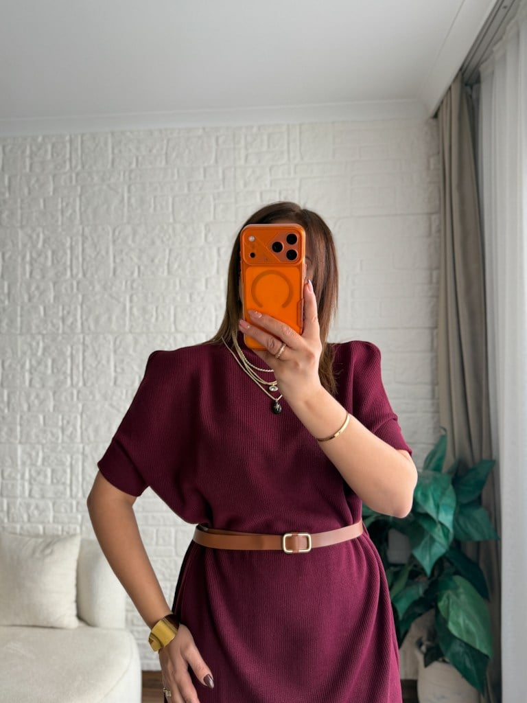 Bordo Kısa Kol Yarım Balıkçı Kemerli Triko Elbise