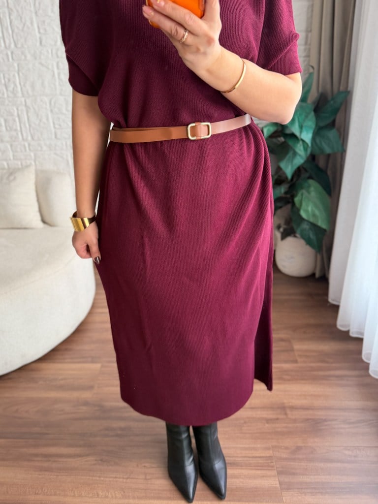 Bordo Kısa Kol Yarım Balıkçı Kemerli Triko Elbise