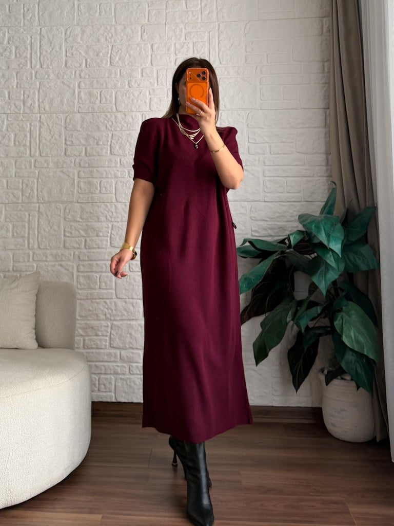 Bordo Kısa Kol Yarım Balıkçı Kemerli Triko Elbise
