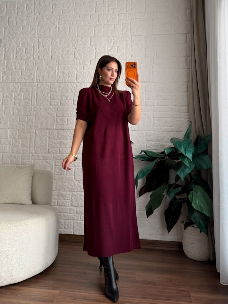 Bordo Kısa Kol Yarım Balıkçı Kemerli Triko Elbise