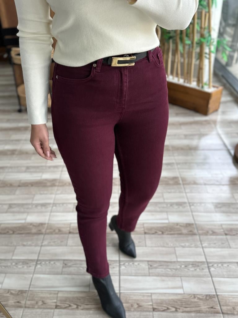 Bordo Likralı Dikişli Paça Comfort Slim Jean Pantolon