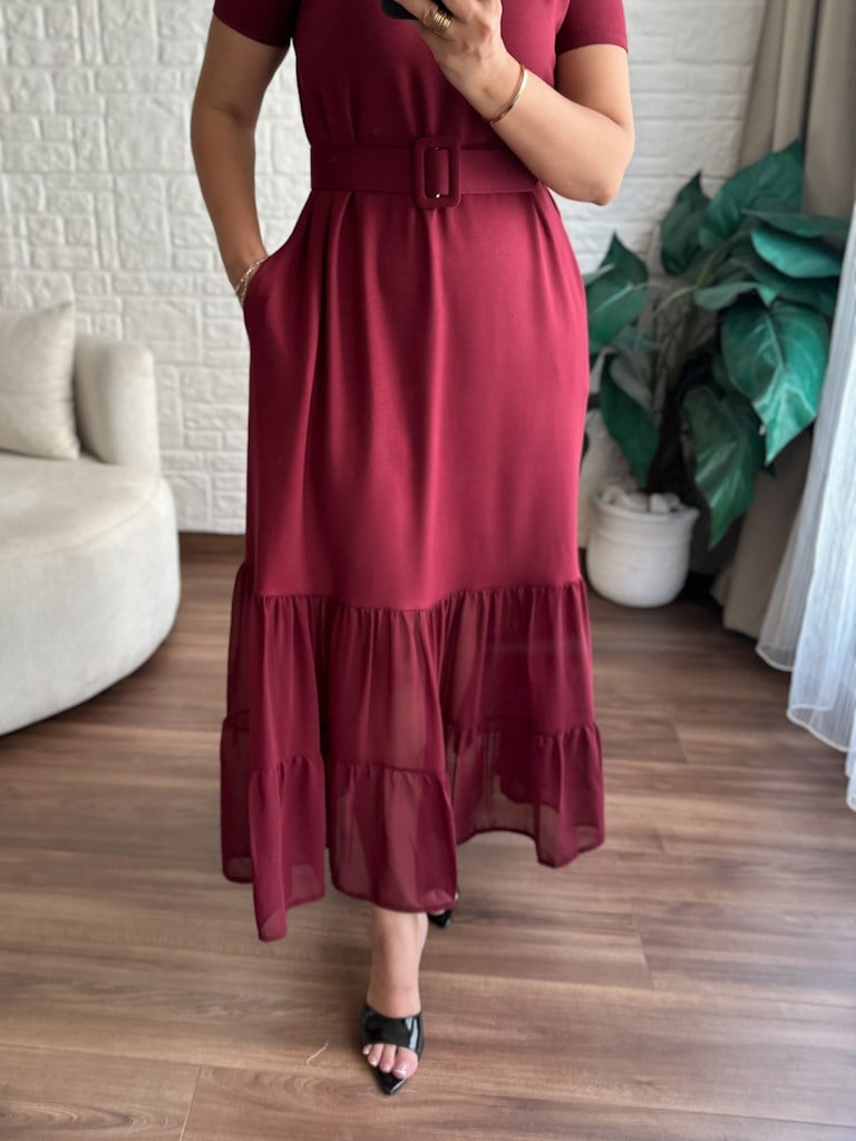 Bordo  Modal Kemer Detaylı Şifon Garnili Elbise