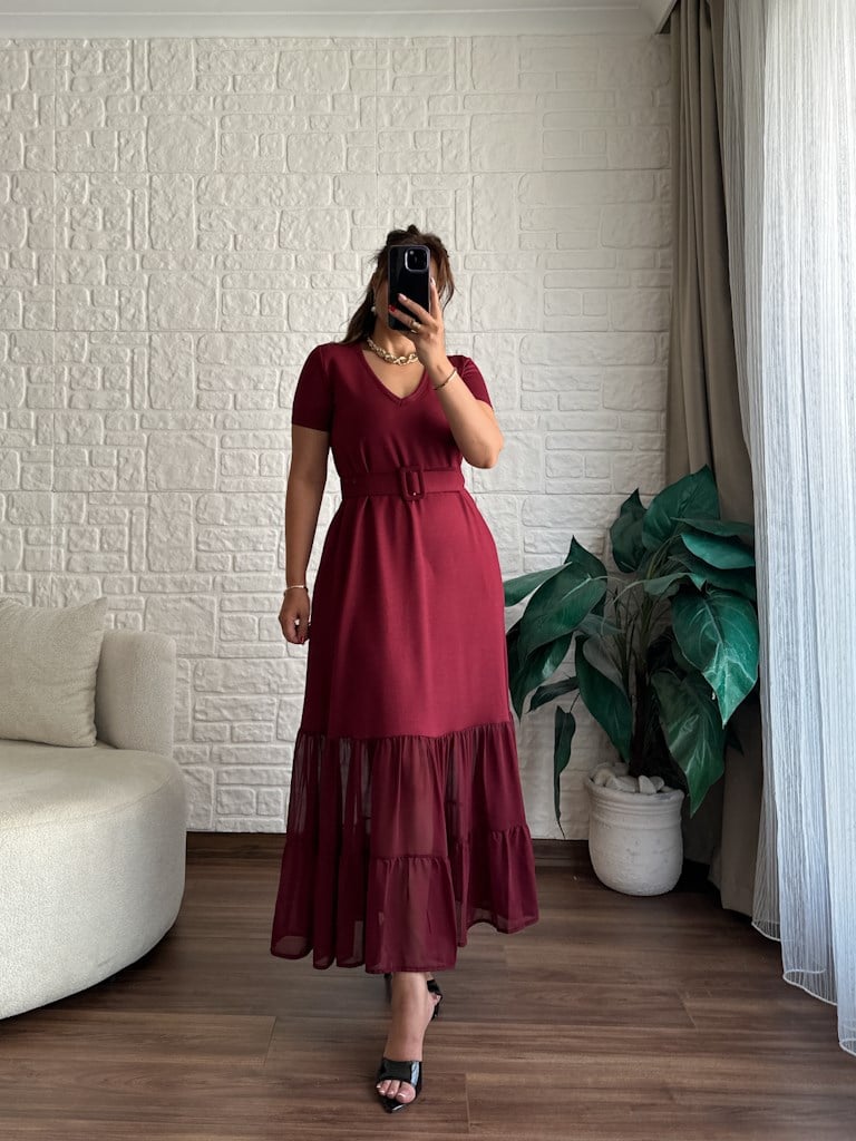 Bordo  Modal Kemer Detaylı Şifon Garnili Elbise