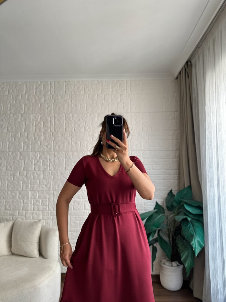 Bordo  Modal Kemer Detaylı Şifon Garnili Elbise