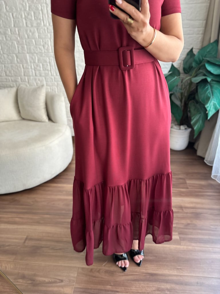 Bordo  Modal Kemer Detaylı Şifon Garnili Elbise