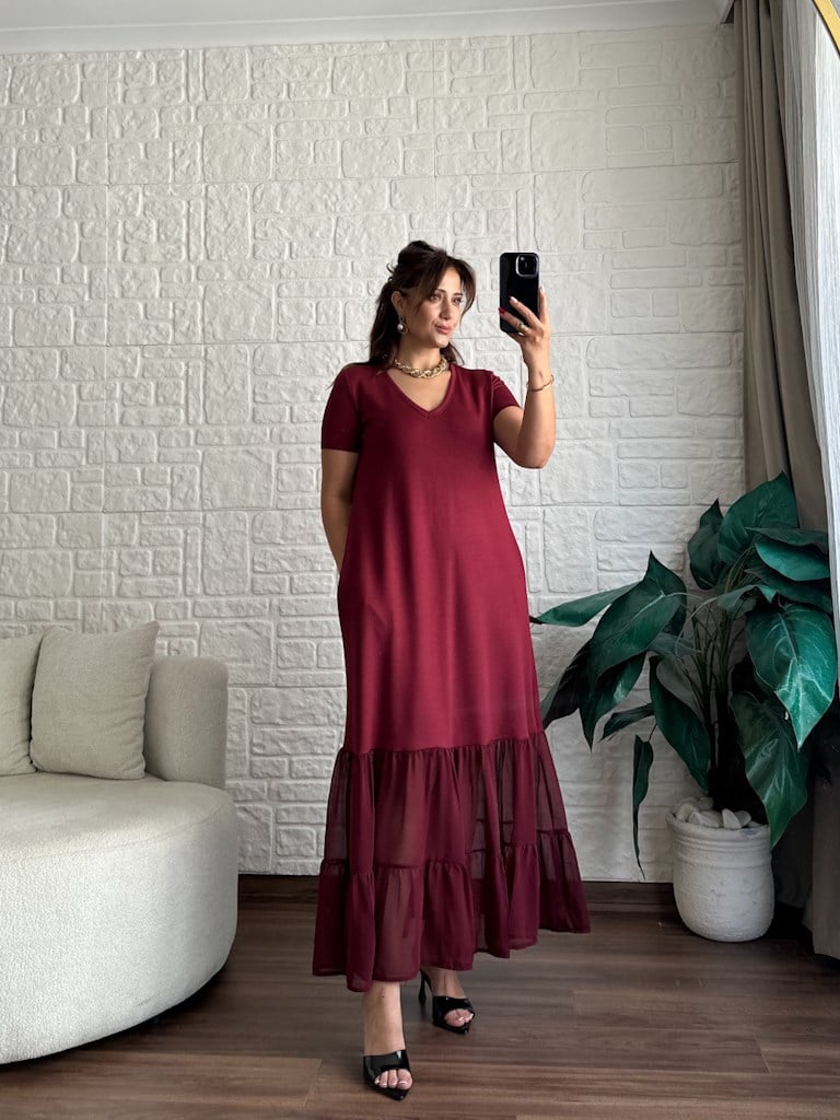 Bordo  Modal Kemer Detaylı Şifon Garnili Elbise