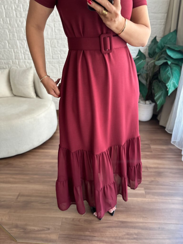 Bordo  Modal Kemer Detaylı Şifon Garnili Elbise