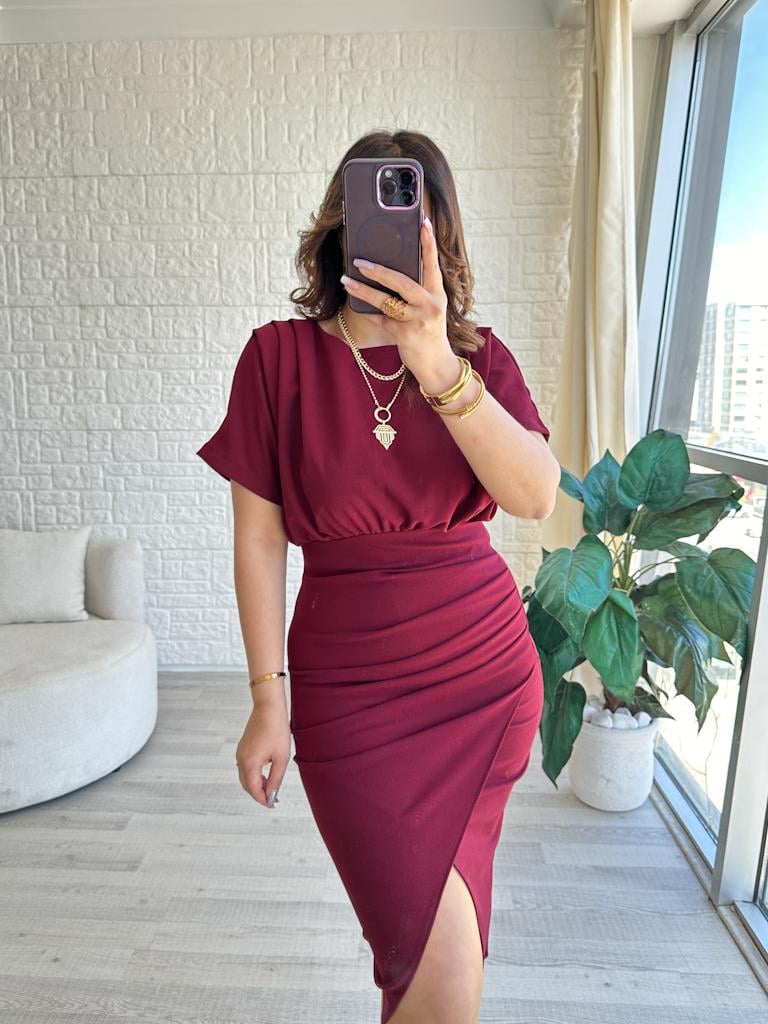 Bordo Omuz Drapeli Likralı Elbise