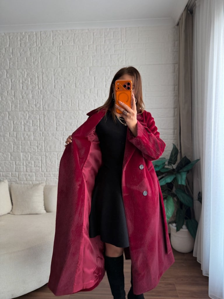 Bordo Sakallı Astarlı Kuşaklı Uzun Kaban