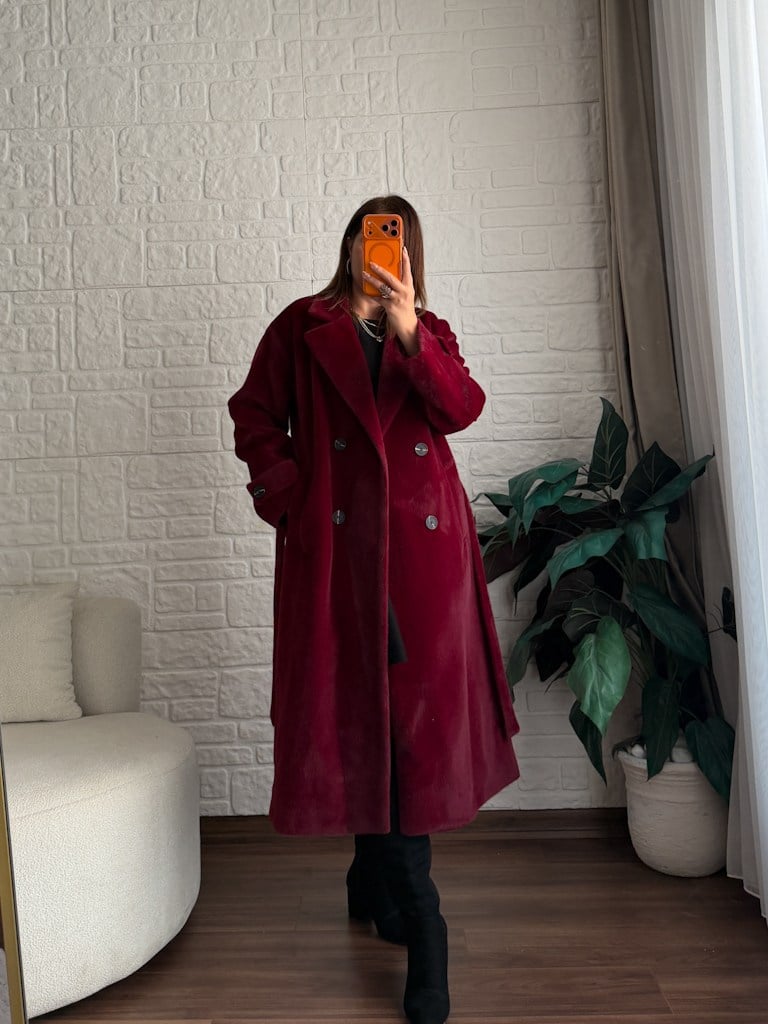 Bordo Sakallı Astarlı Kuşaklı Uzun Kaban