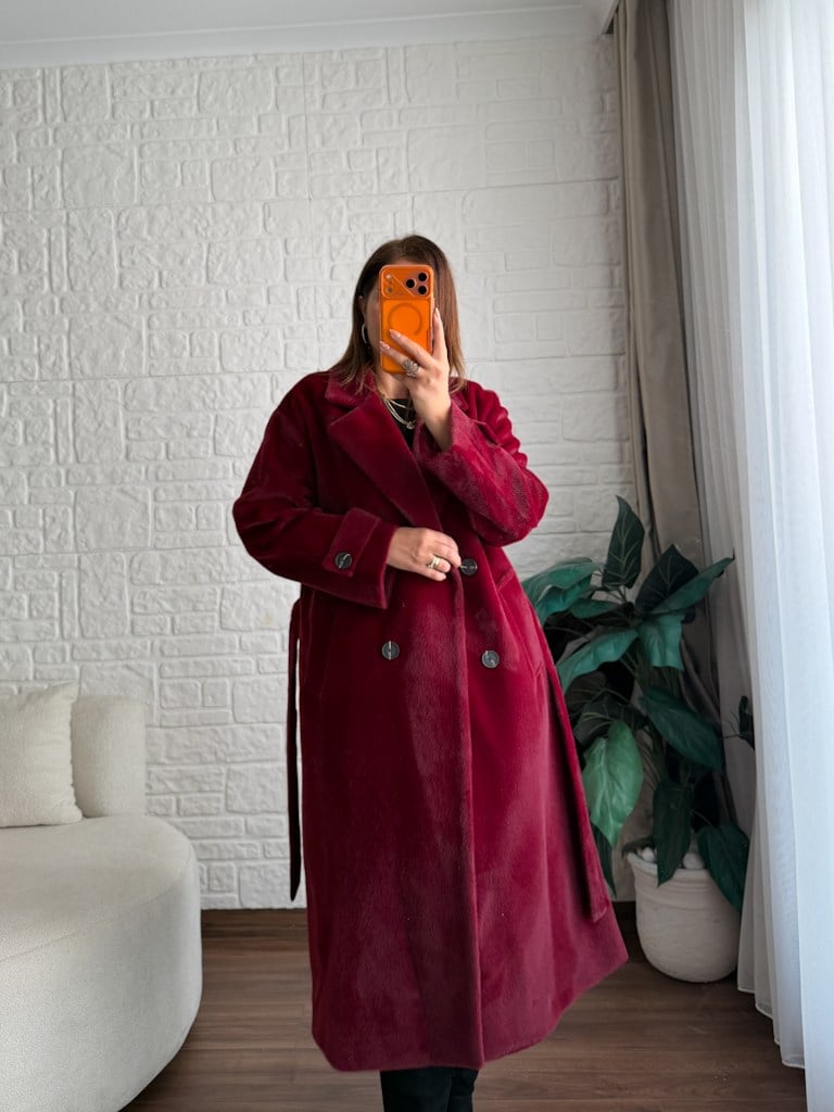 Bordo Sakallı Astarlı Kuşaklı Uzun Kaban
