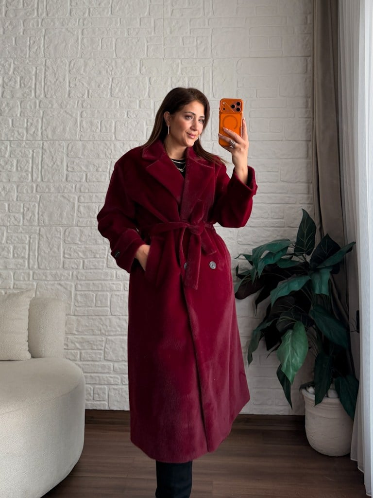 Bordo Sakallı Astarlı Kuşaklı Uzun Kaban