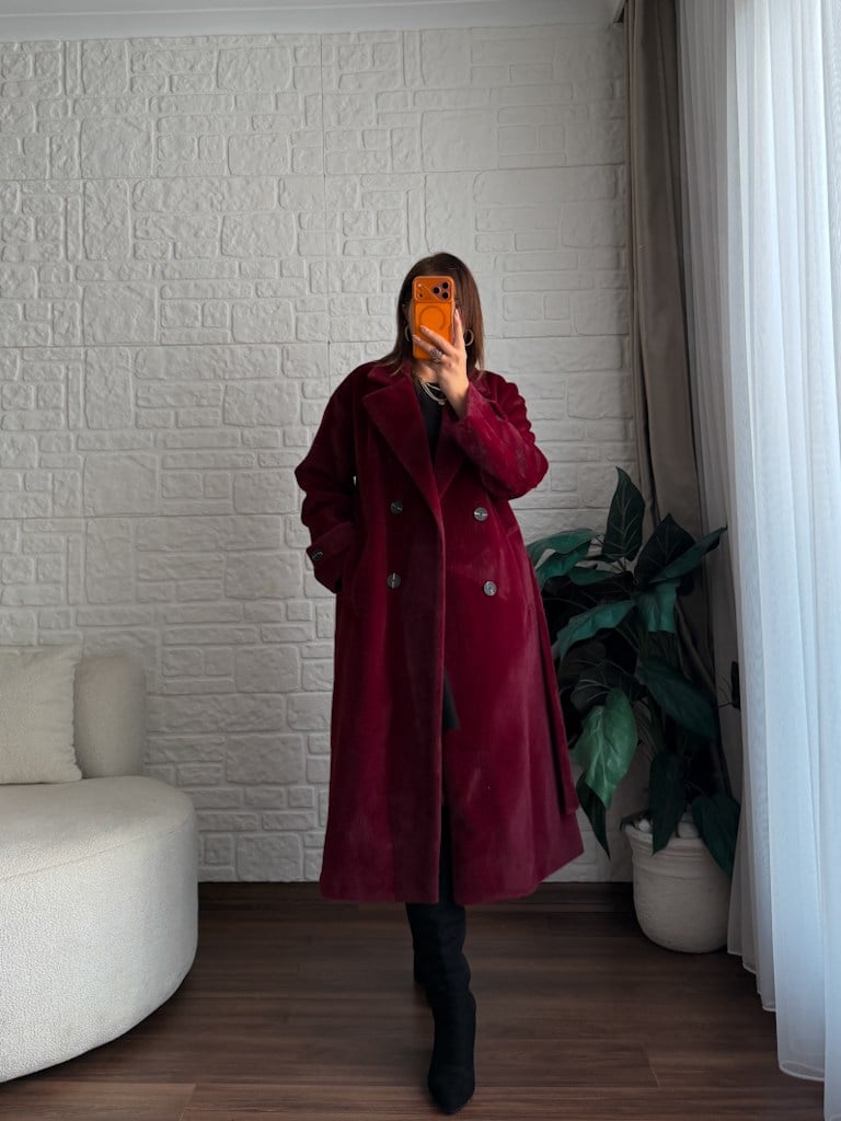 Bordo Sakallı Astarlı Kuşaklı Uzun Kaban