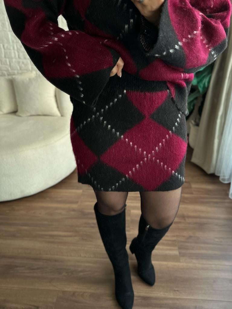 Bordo Siyah  Baklava Desen Şardonlu Tok Triko Takım