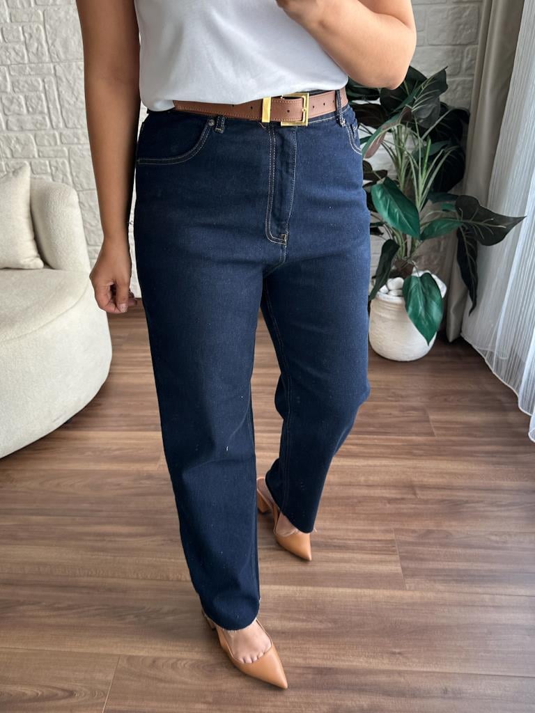 Büyük Beden Kesik Paça Straight Jean Pantolon Lacivert