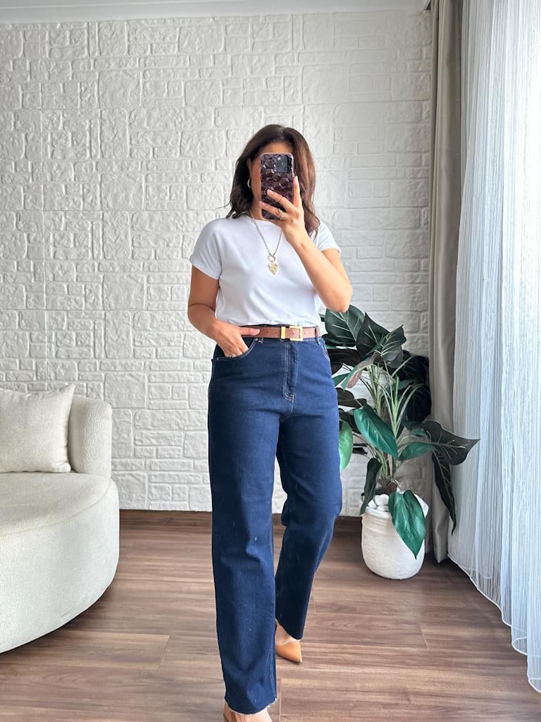 Büyük Beden Kesik Paça Straight Jean Pantolon Lacivert