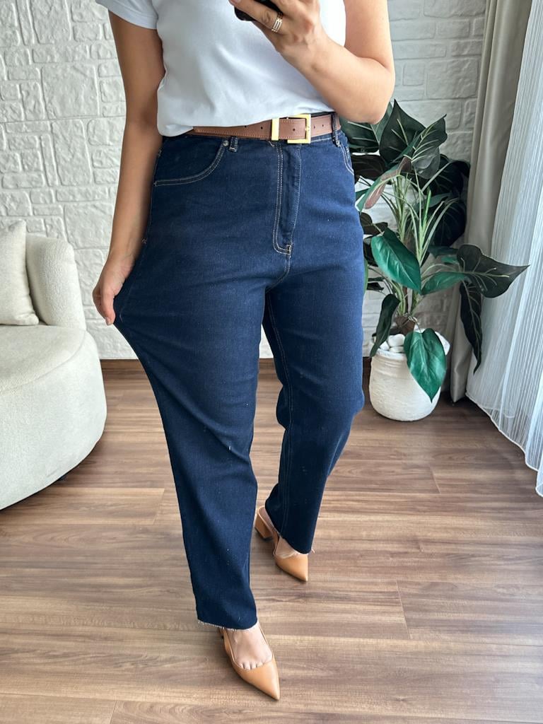 Büyük Beden Kesik Paça Straight Jean Pantolon Lacivert