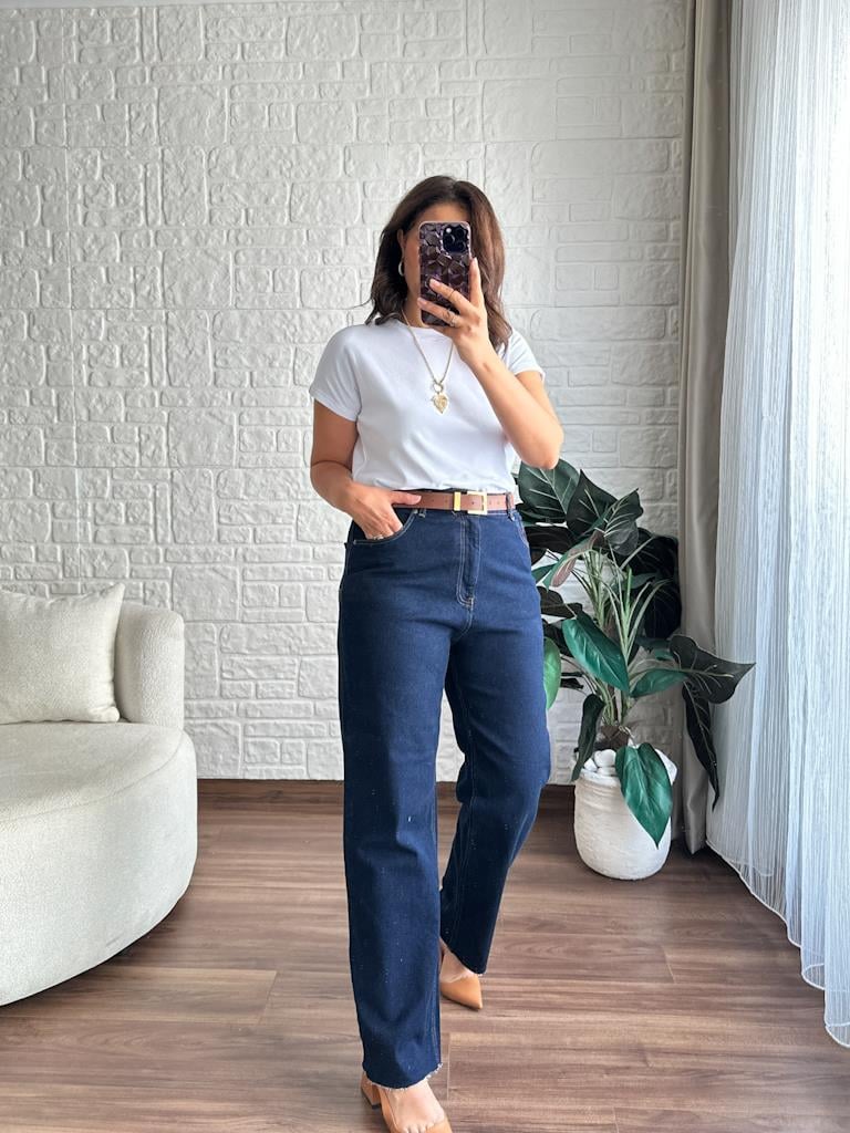 Büyük Beden Kesik Paça Straight Jean Pantolon Lacivert
