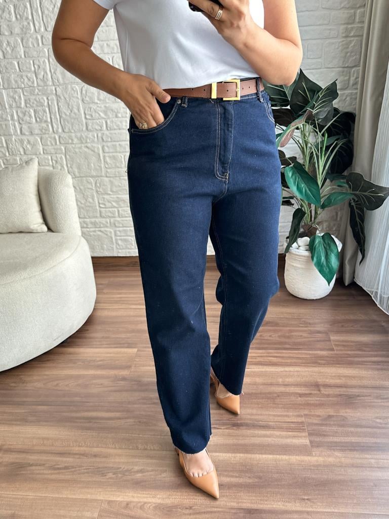 Büyük Beden Kesik Paça Straight Jean Pantolon Lacivert