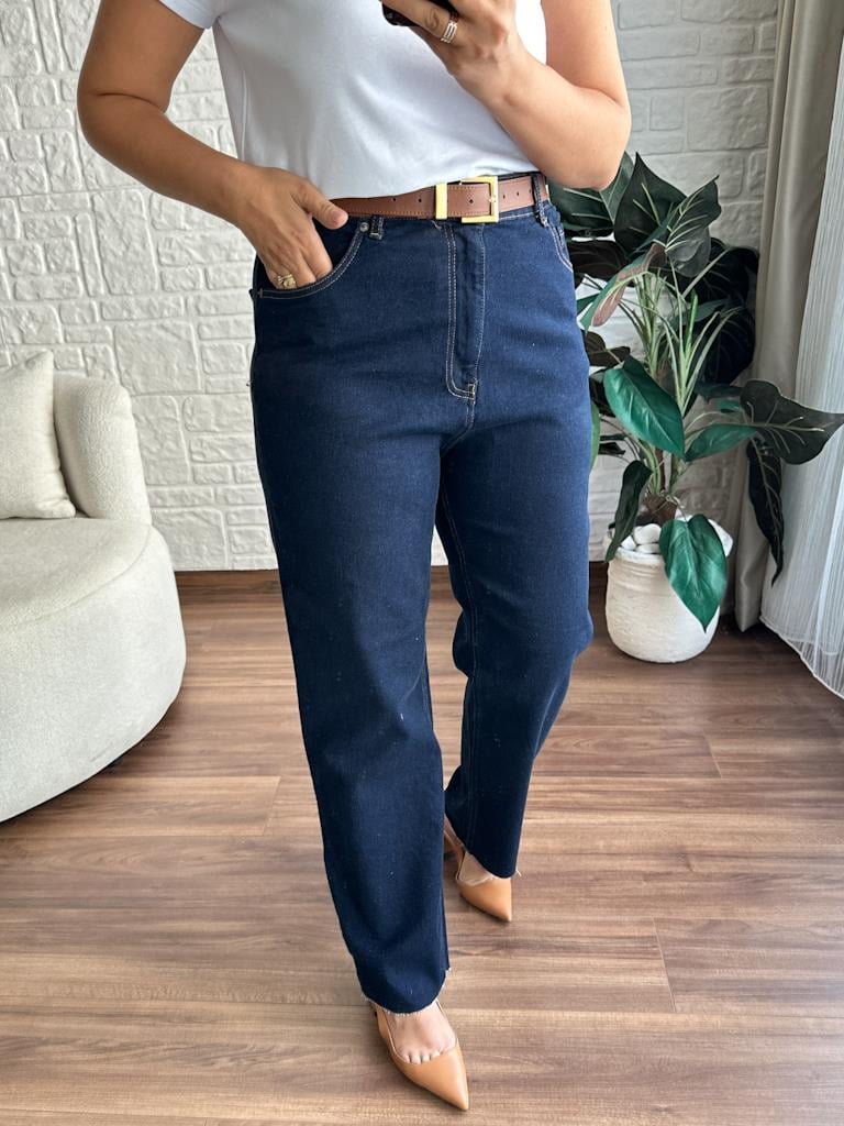 Büyük Beden Kesik Paça Straight Jean Pantolon Lacivert
