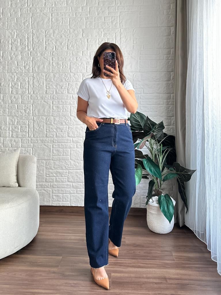 Büyük Beden Kesik Paça Straight Jean Pantolon Lacivert