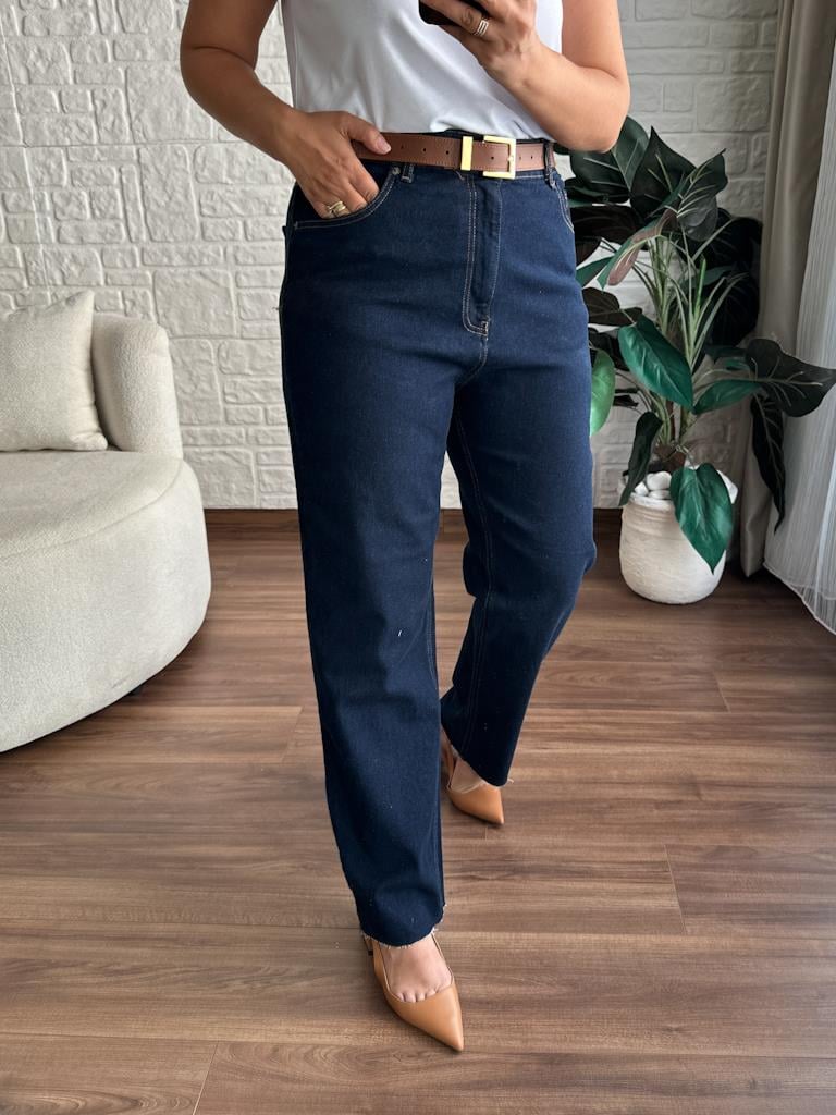 Büyük Beden Kesik Paça Straight Jean Pantolon Lacivert