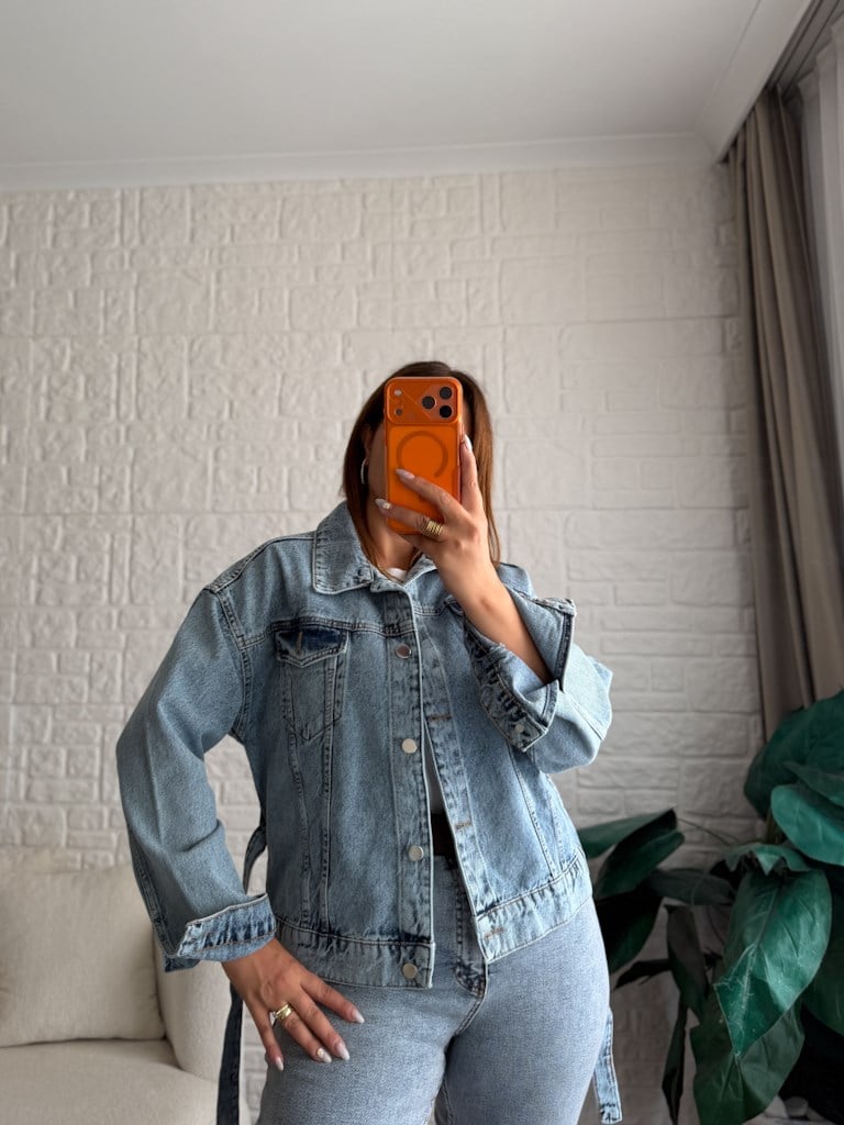Buz Mavi Kemerli Jean Ceket