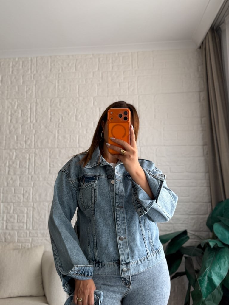Buz Mavi Kemerli Jean Ceket