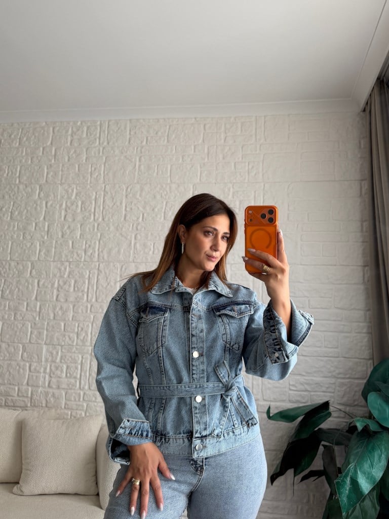 Buz Mavi Kemerli Jean Ceket