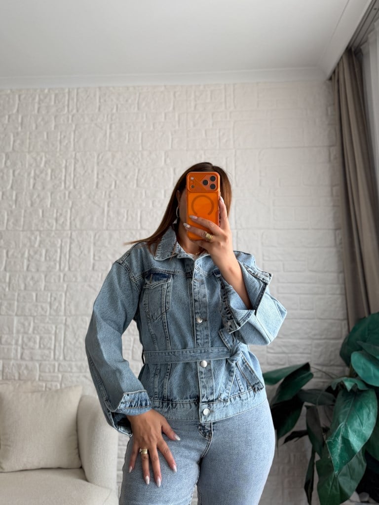 Buz Mavi Kemerli Jean Ceket