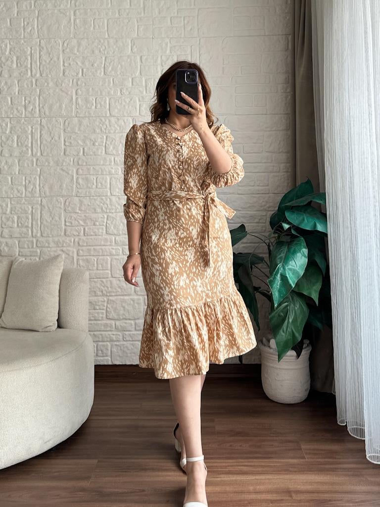 Camel Desenli V Yaka Yumuşak Poplin Elbise