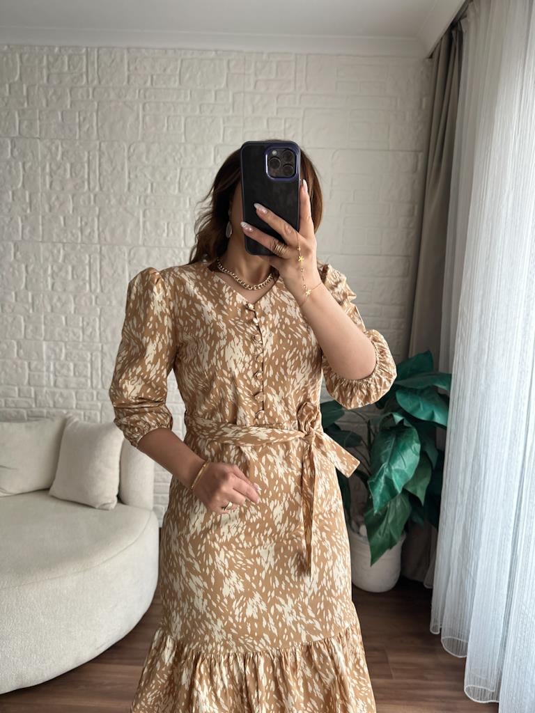 Camel Desenli V Yaka Yumuşak Poplin Elbise