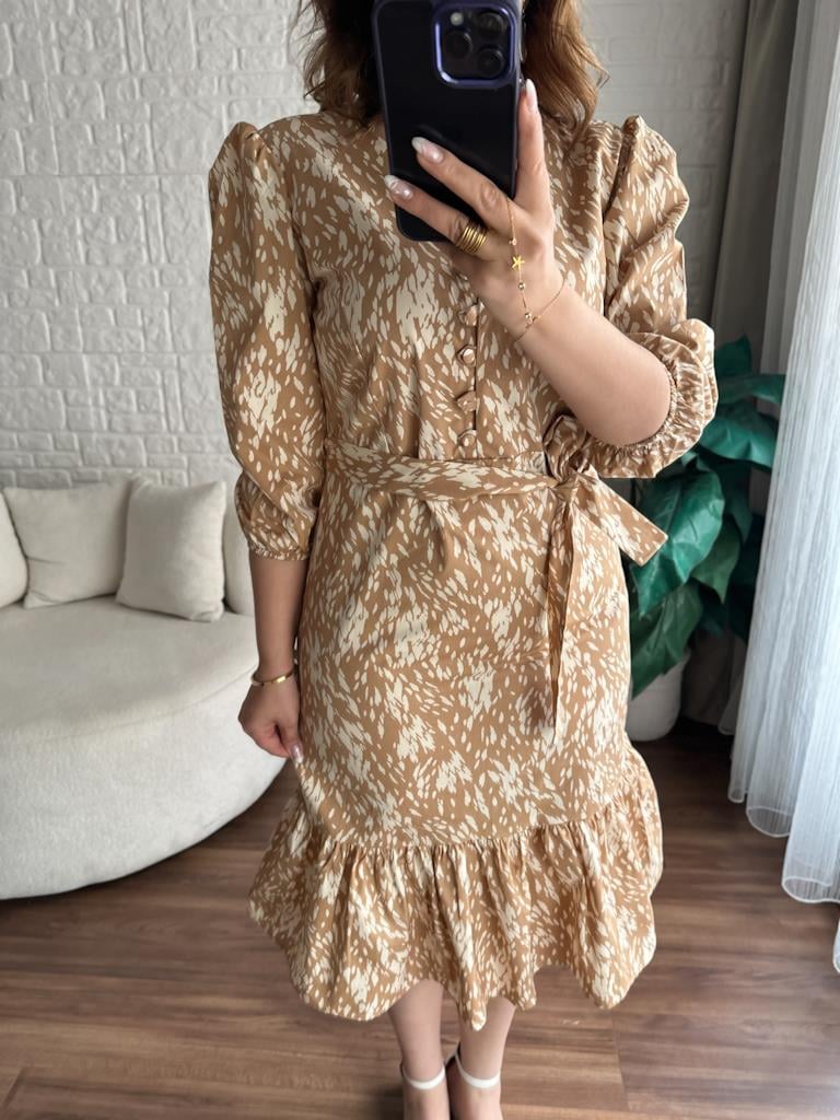 Camel Desenli V Yaka Yumuşak Poplin Elbise