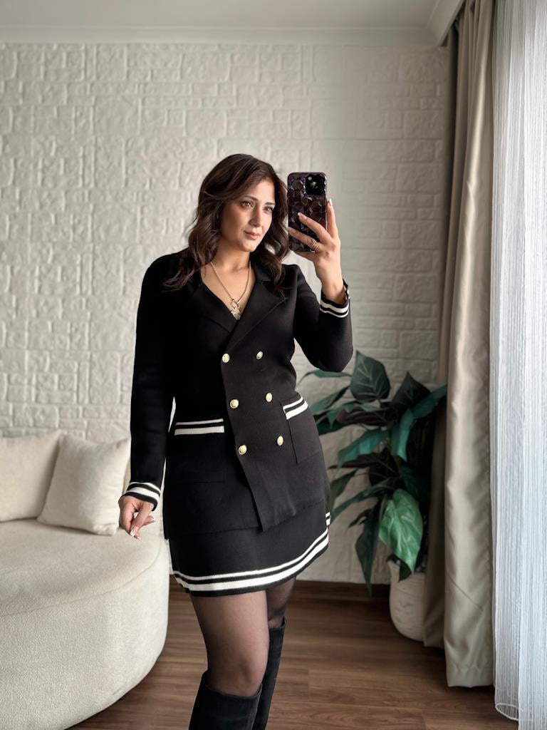 Çelik Örme Çift Kat Dokuma Ceket Etek Triko Takım Siyah