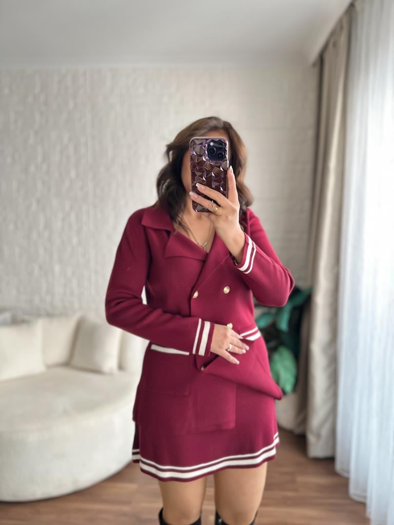 Çelik Örme Çift Kat Dokuma Ceket Etek Triko Takım Bordo