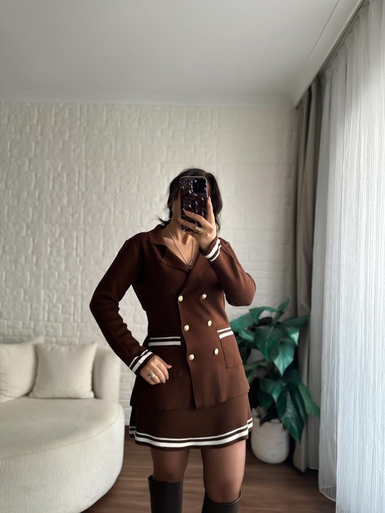 Çelik Örme Çift Kat Dokuma Ceket Etek Triko Takım Kahverengi