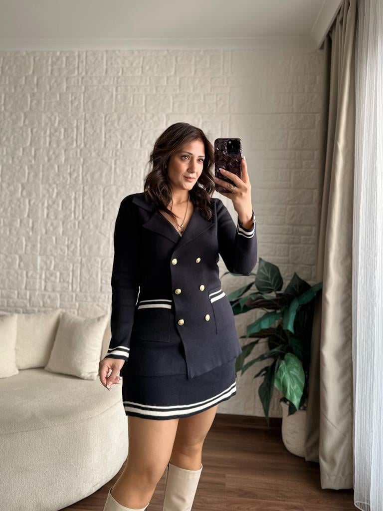 Çelik Örme Çift Kat Dokuma Ceket Etek Triko Takım Lacivert