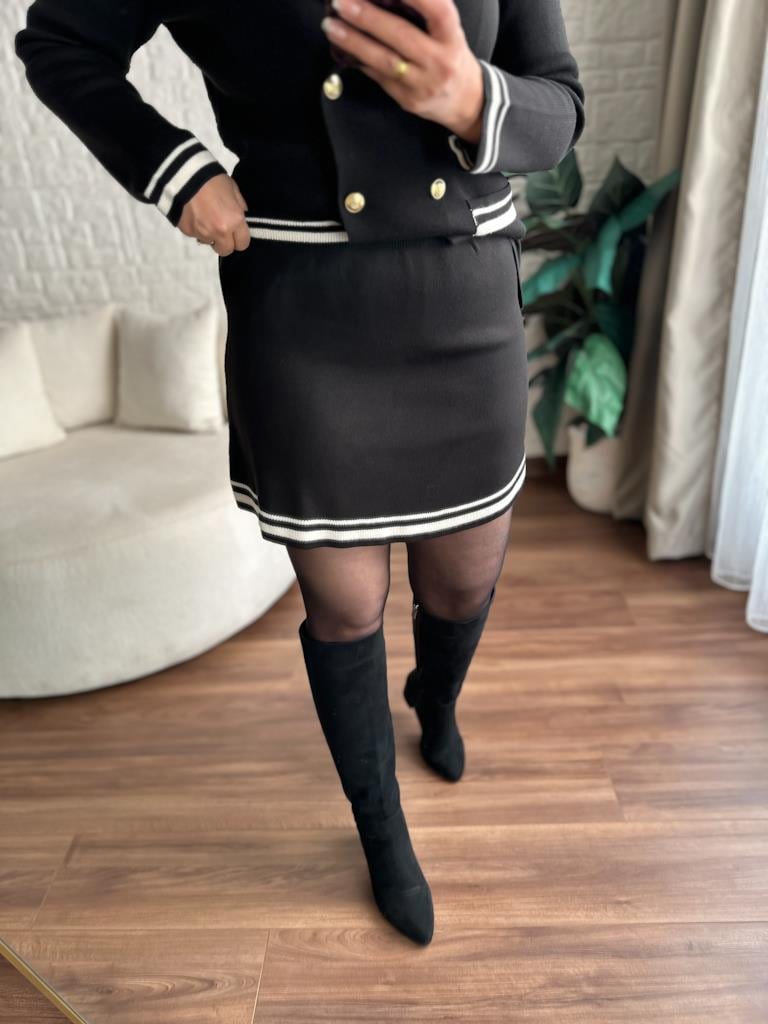 Çelik Örme Çift Kat Dokuma Ceket Etek Triko Takım Siyah