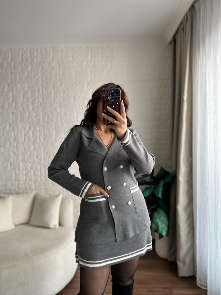 Çelik Örme Çift Kat Dokuma Ceket Etek Triko Takım Gri