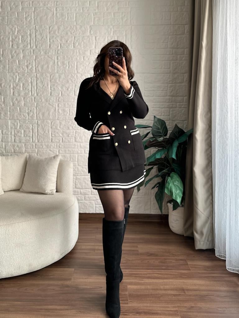 Çelik Örme Çift Kat Dokuma Ceket Etek Triko Takım Siyah