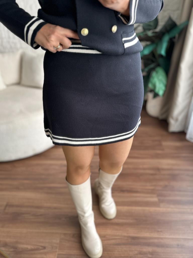 Çelik Örme Çift Kat Dokuma Ceket Etek Triko Takım Lacivert