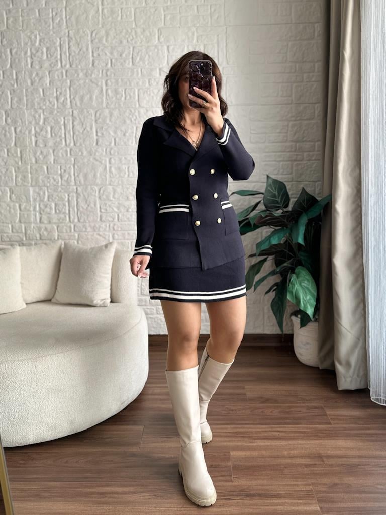 Çelik Örme Çift Kat Dokuma Ceket Etek Triko Takım Lacivert